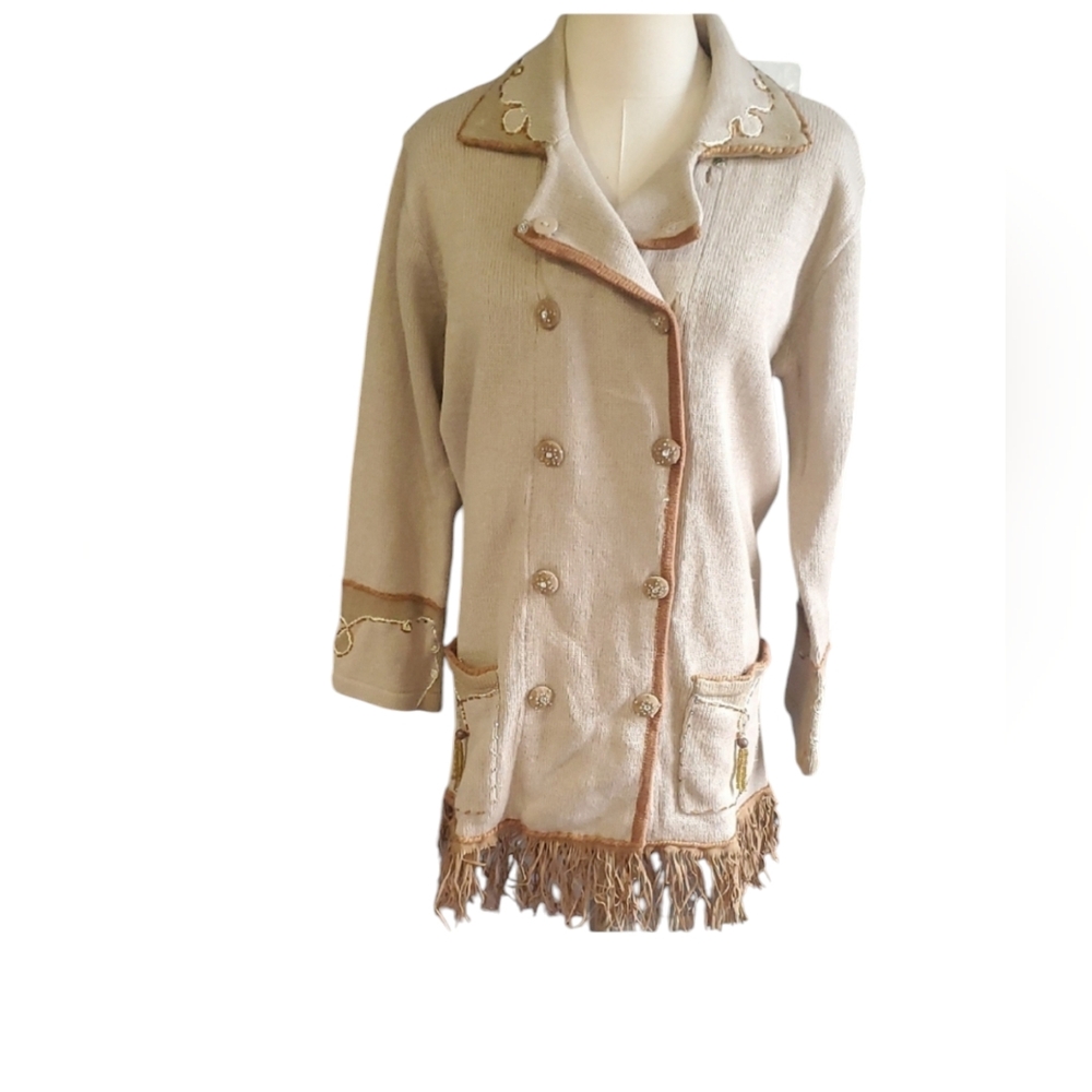 Vtg storybook  knits  Double-Breasted Jacket sweater with Fringe